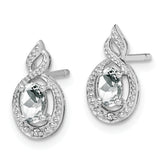 Sterling Silver 925 White Topaz & Diamond Button Earrings Rhodium-Plated Oval Design